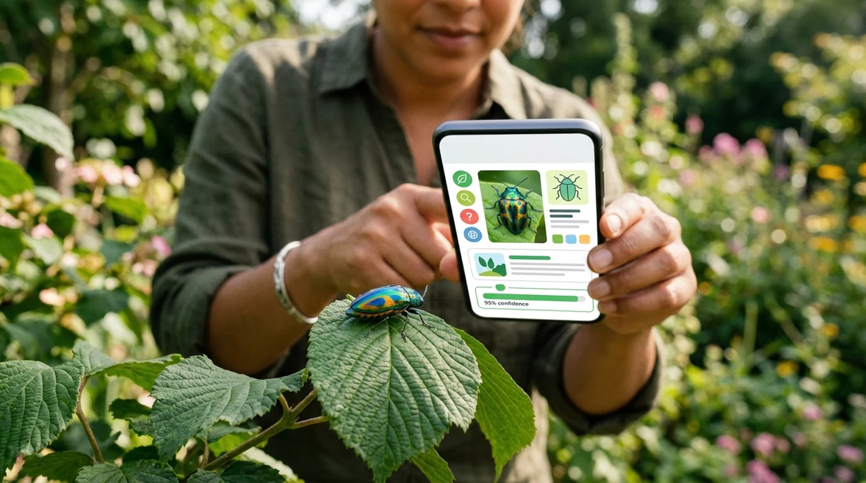 Insect identifier app scanning a ladybird on a green leaf