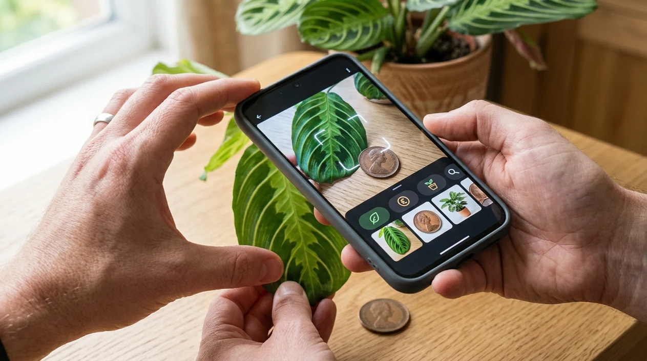 Mobile visual search app scanning a leaf and coin