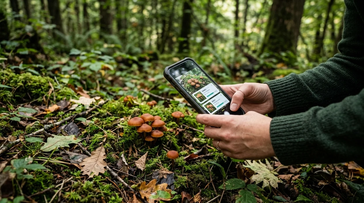 Mushroom identifier app scanning wild mushrooms on a forest floor