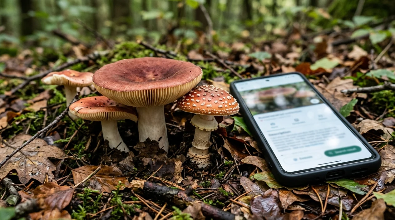 Phone showing mushroom scan result beside caps and stems