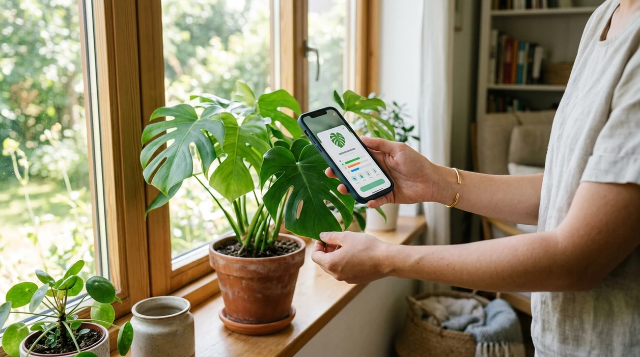 Plant identifier app scanning a flowering garden plant on a phone