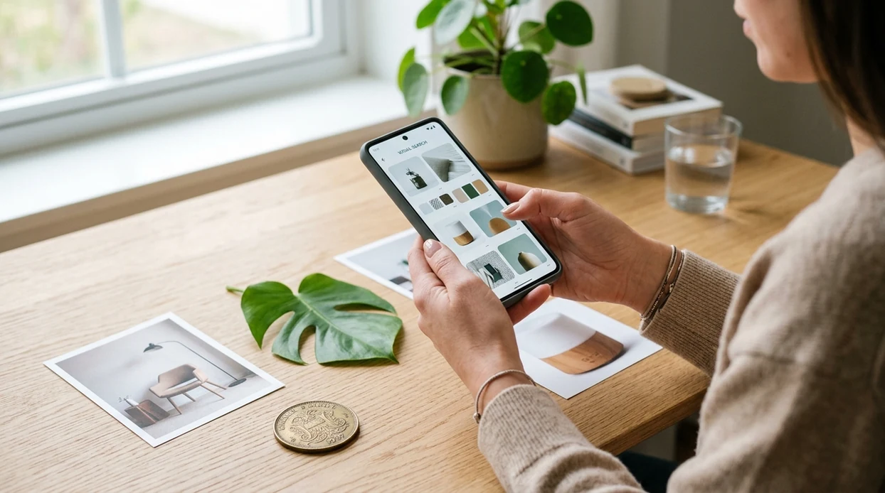 Reverse image search app scanning a product photo on a phone