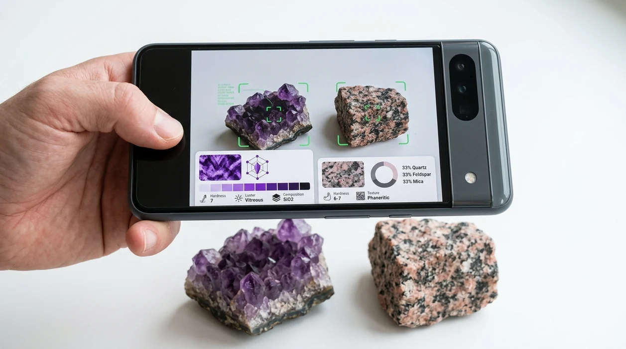 Phone scanner showing a likely crystal and rock identification result