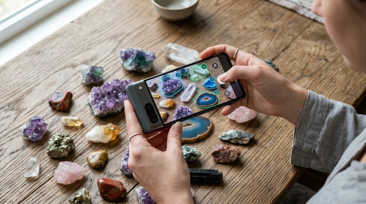 Rock identifier app scanning crystals and stones on a table