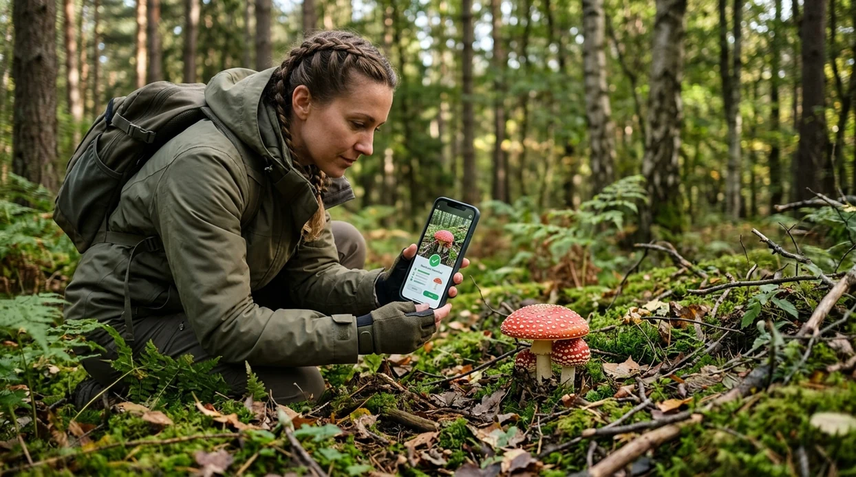 Edible mushroom checker scanning a wild forest mushroom on a phone