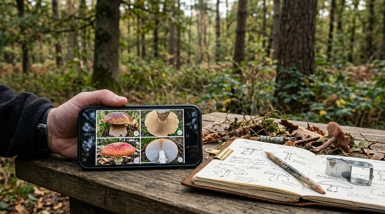 Phone comparing mushroom cap and underside photos for identification