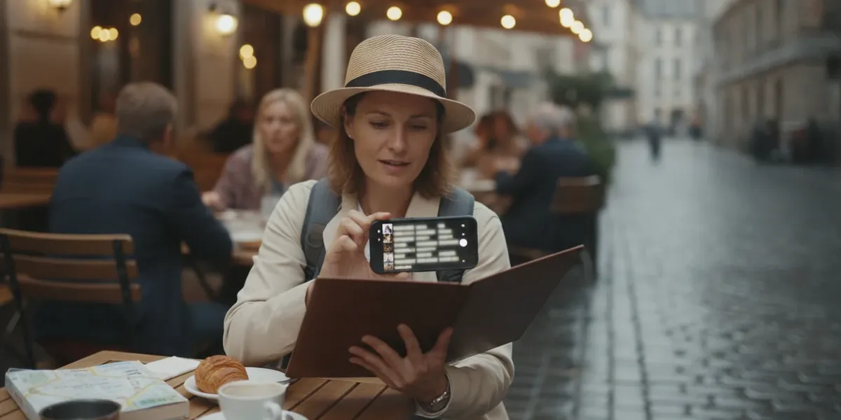 Viajero en la terraza de una cafetería apuntando la cámara del celular a un menú impreso