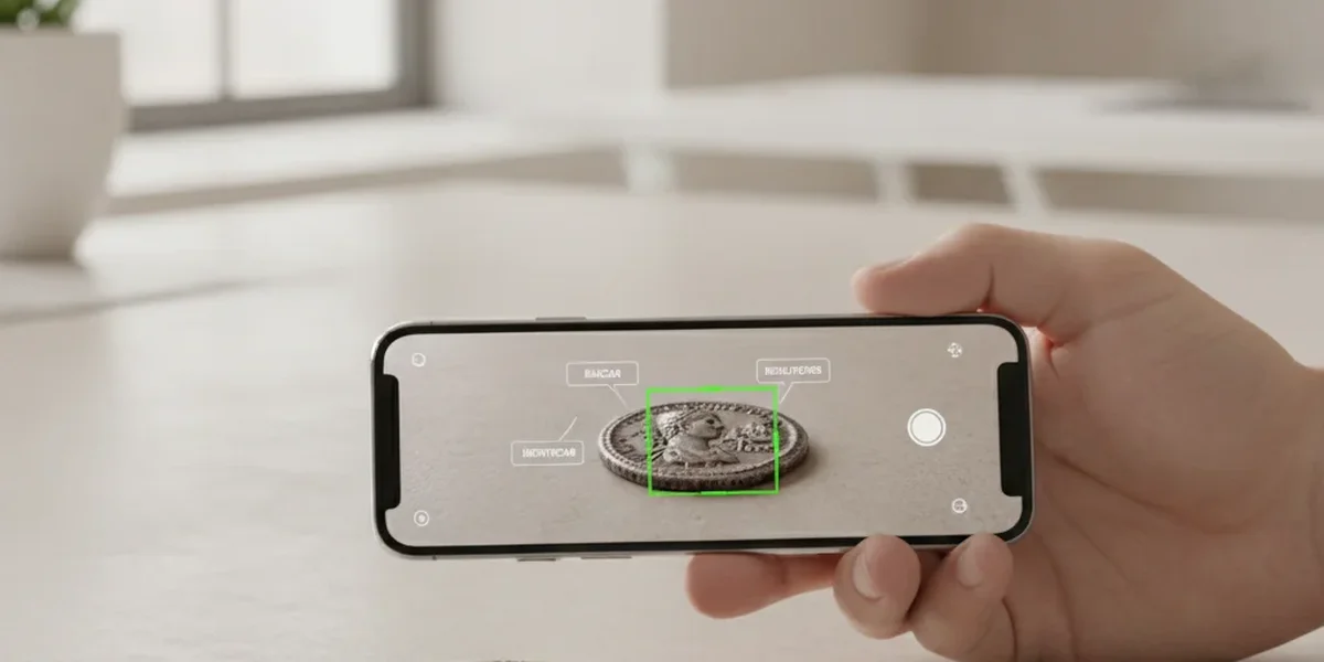 Identificador de monedas analizando una pieza fotografiada con un teléfono