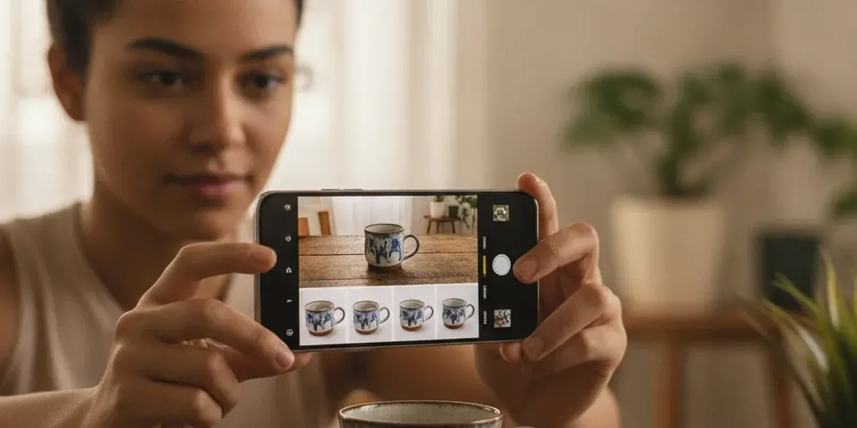 Mujer fotografiando una taza de cerámica con su teléfono para buscarla por imagen