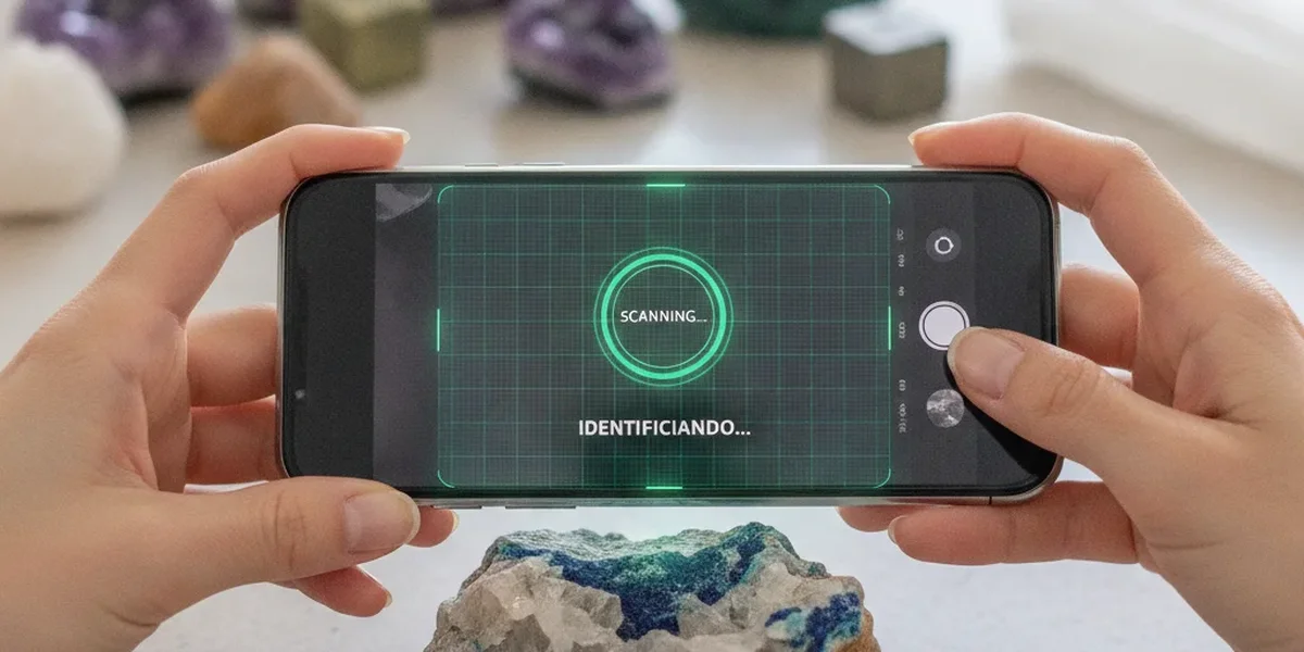 Teléfono analizando una muestra para saber qué tipo de piedra es