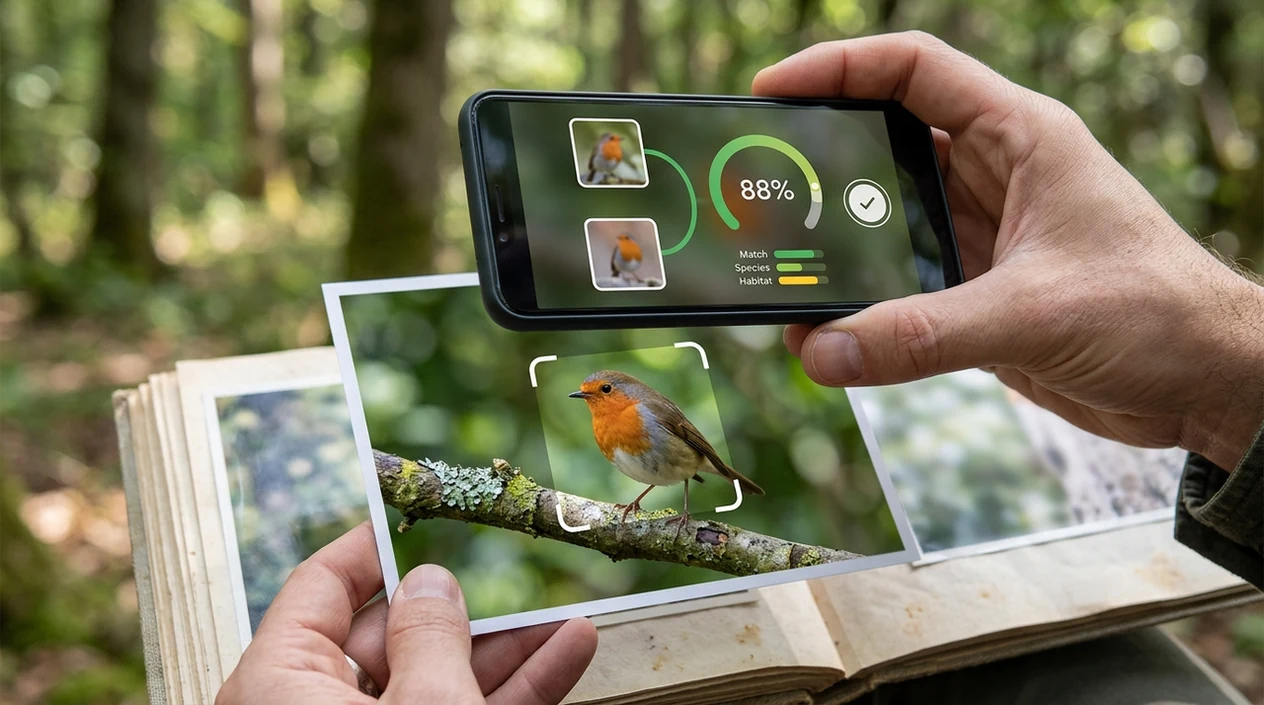 Bird identification result shown on a mobile photo scanner