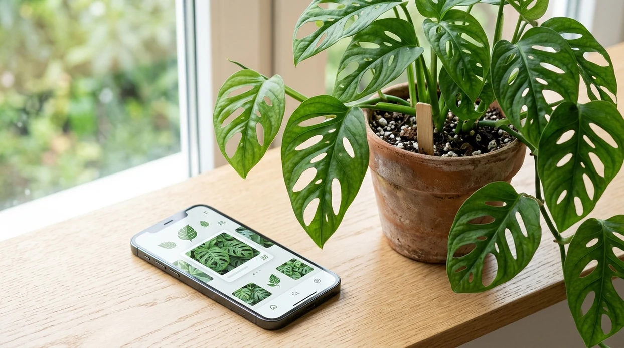 Plant identification result shown beside a leafy houseplant