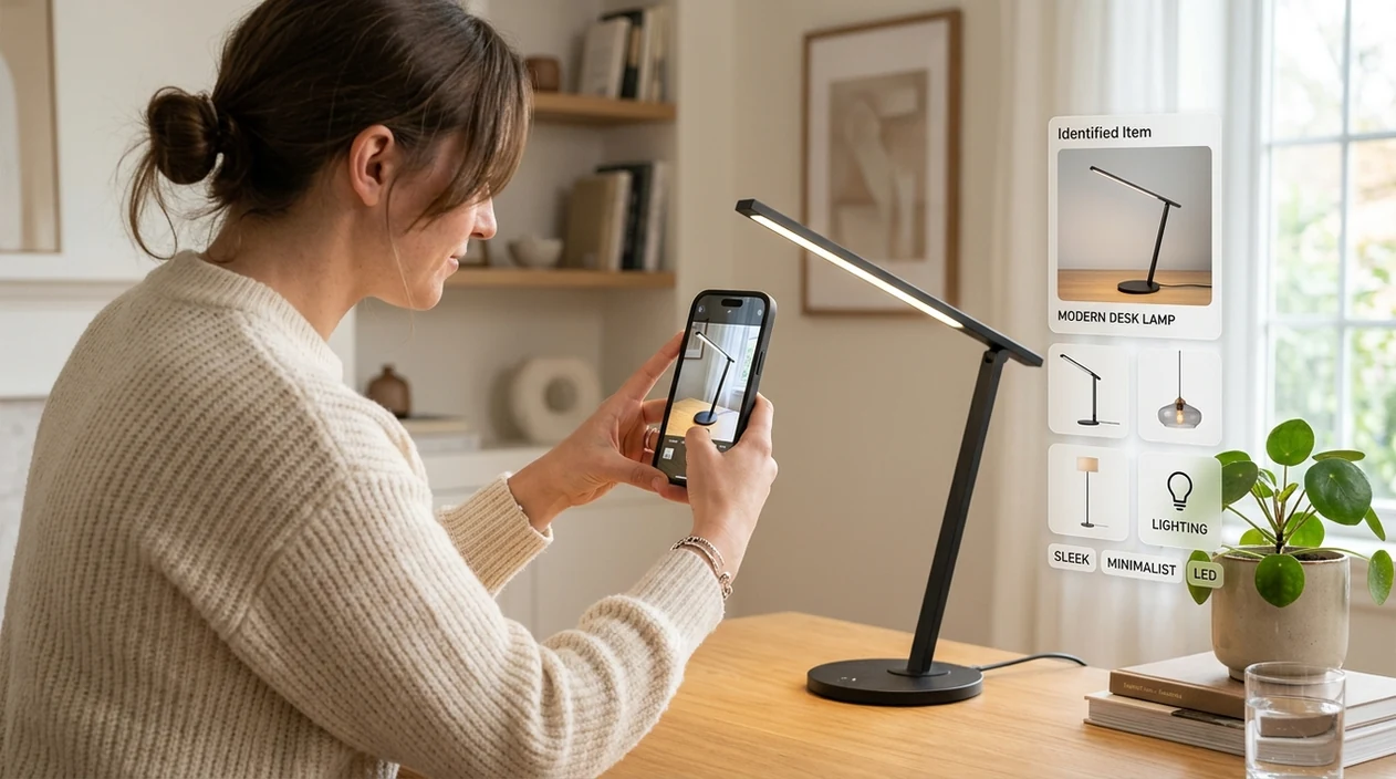 Person using phone to find product from photo at home