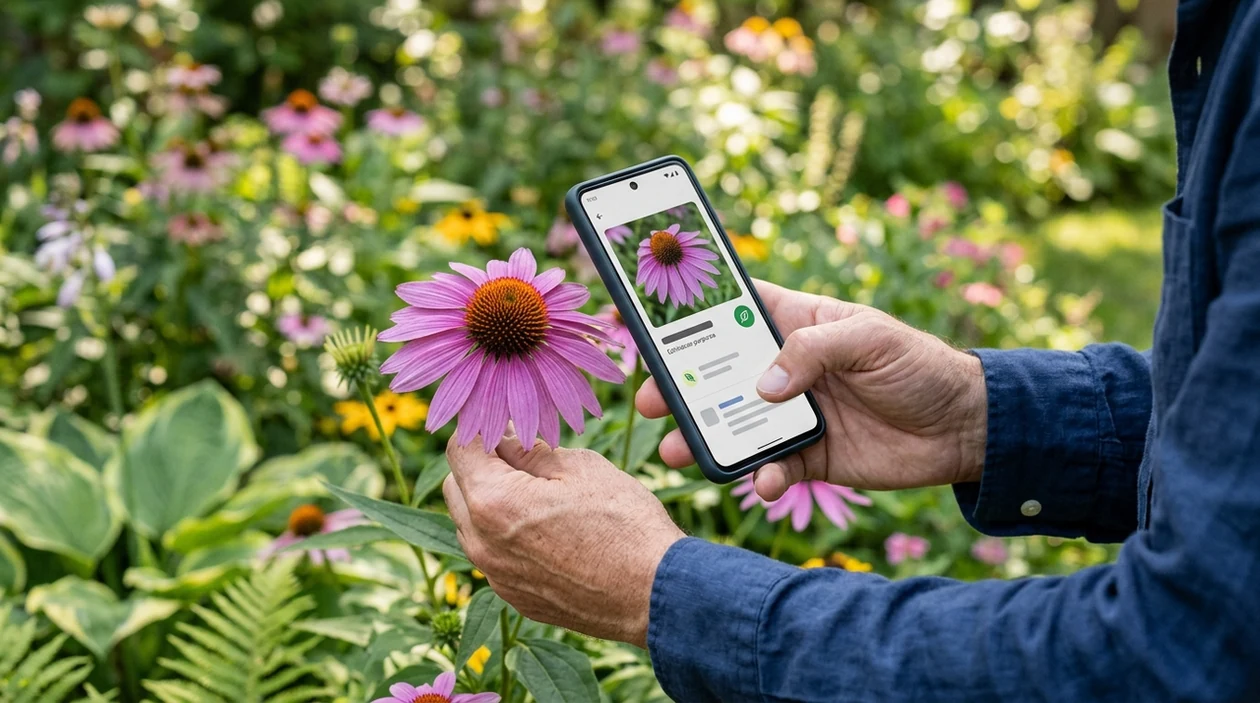Flower identifier app scanning a bloom in a garden