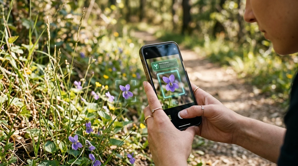 Smartphone scanning wildflowers for a visual plant result