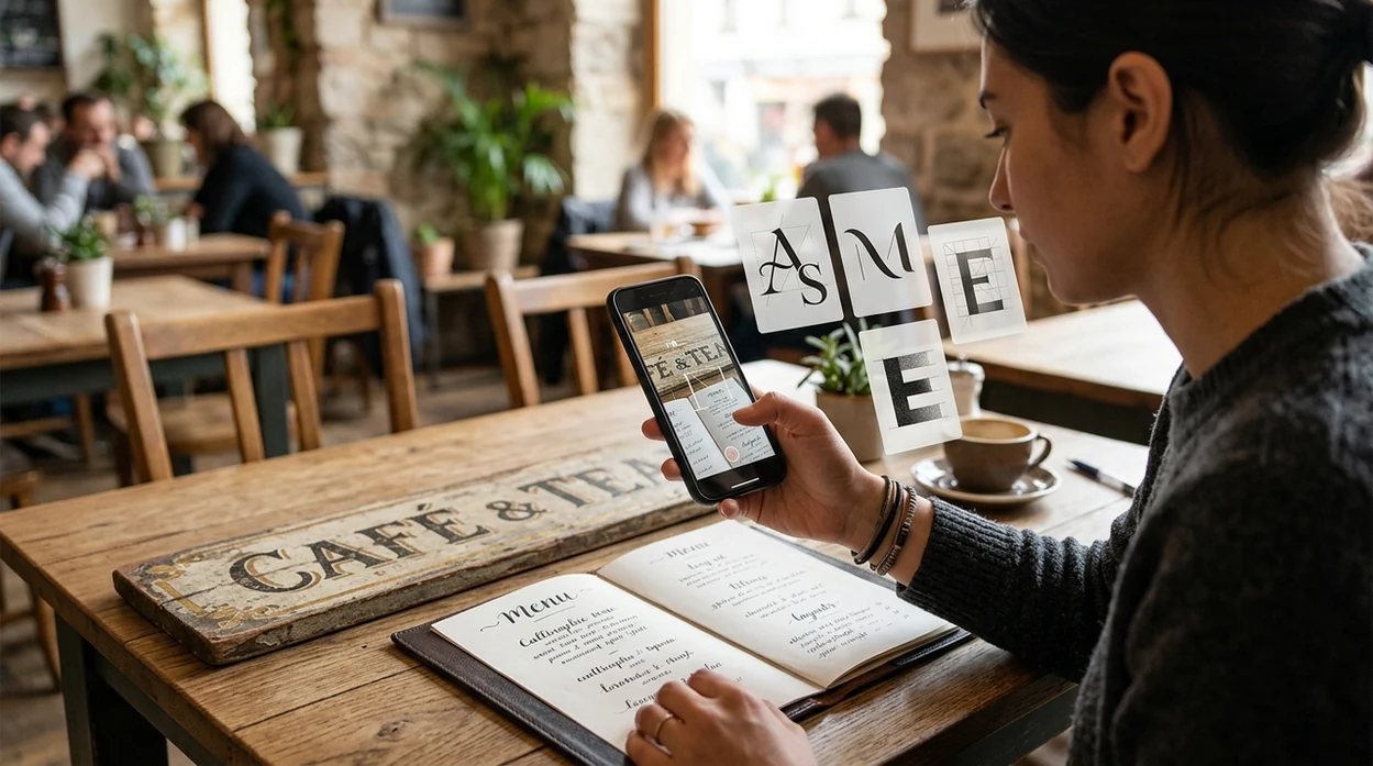 Font identifier from photo scanning lettering on a café sign