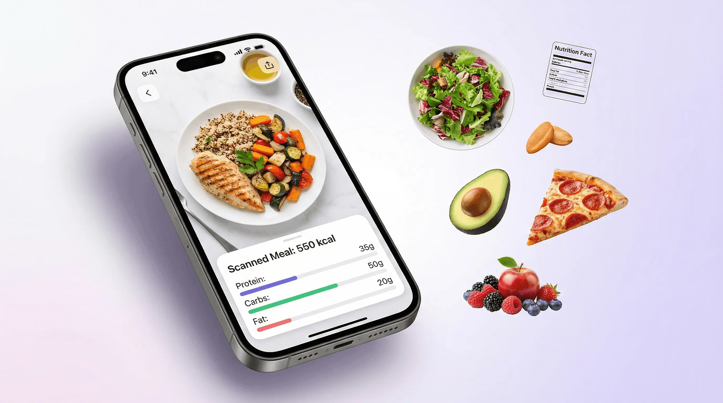 AI food scanner and calorie checker app on iPhone analyzing a meal photo and showing calories, protein, carbs, and fat