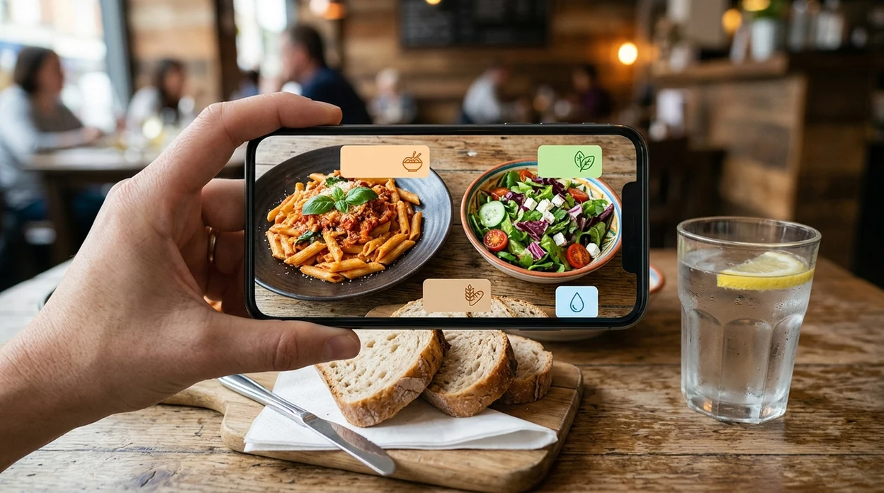 Mobile food identifier scanning a restaurant meal for tracking