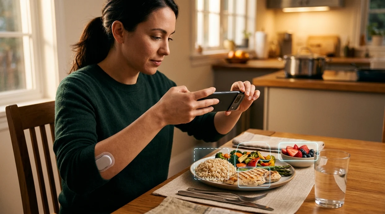 Food scanner for diabetics analyzing a balanced dinner plate