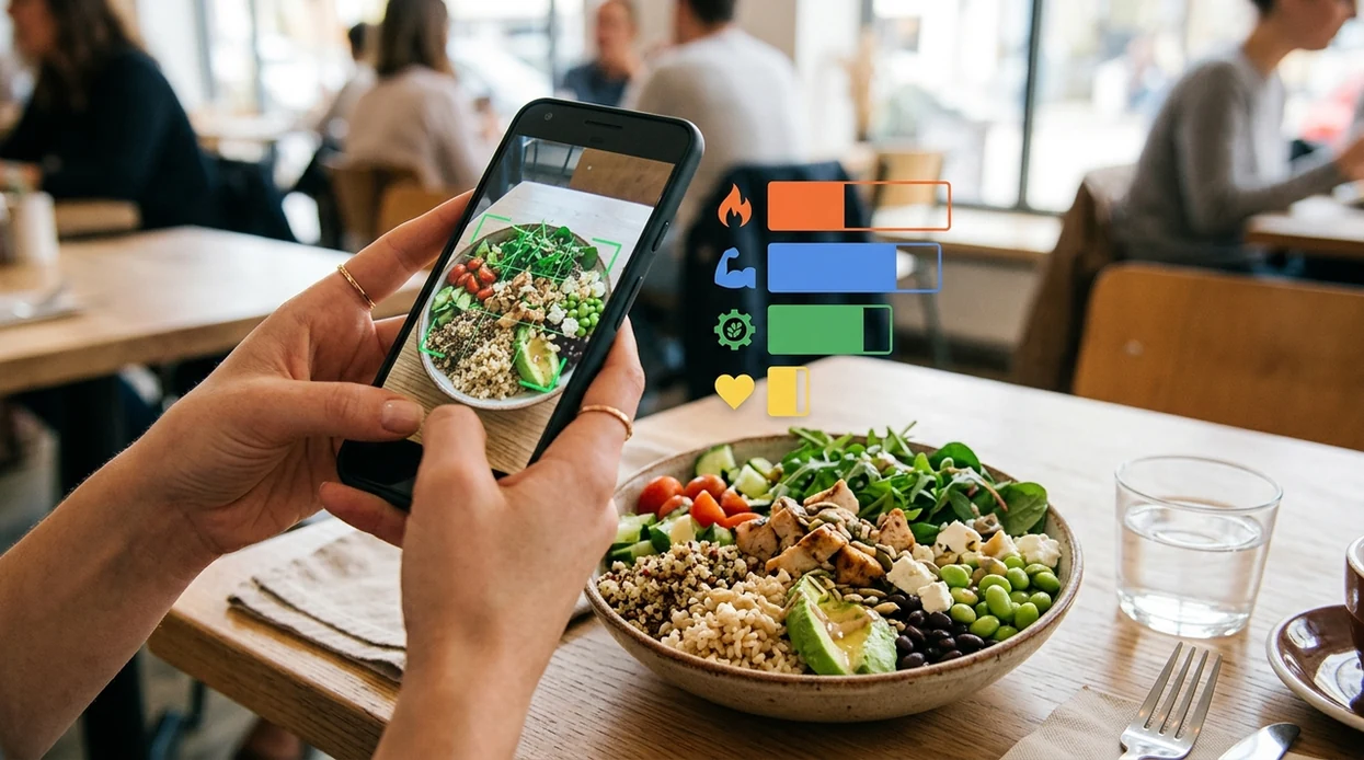 Smartphone scanning a mixed meal for visual food identification