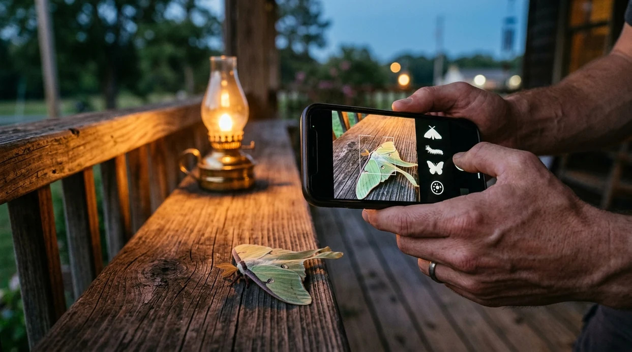 Mobile bug scanner analyzing a moth photo in clear light
