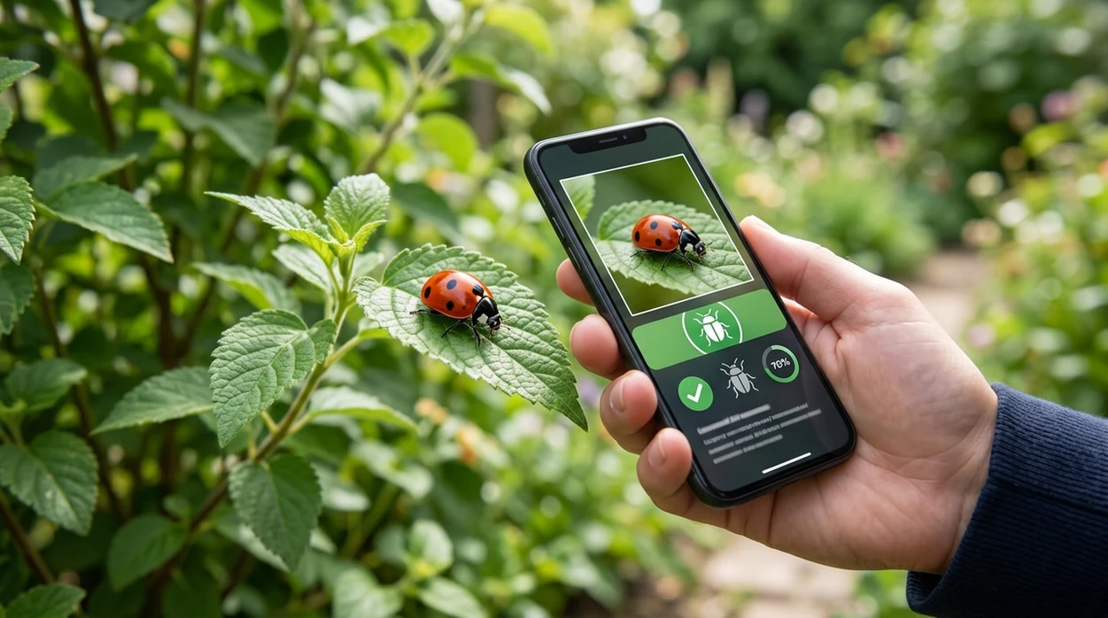 Free bug identifier scanning a ladybird on a leaf