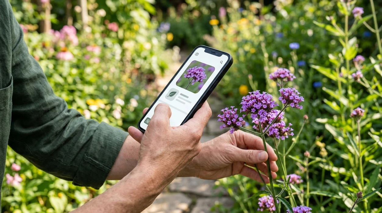 Free flower identifier scanning a purple garden bloom on a phone