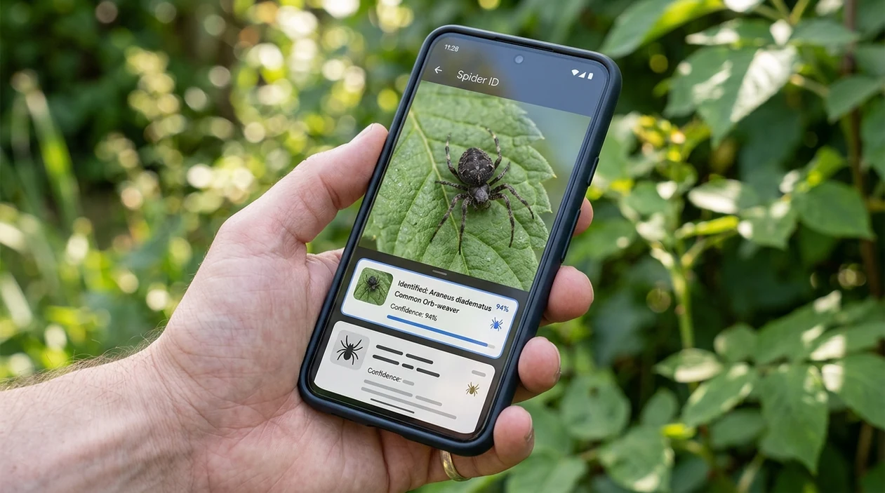 Phone showing spider identification result from a garden photo