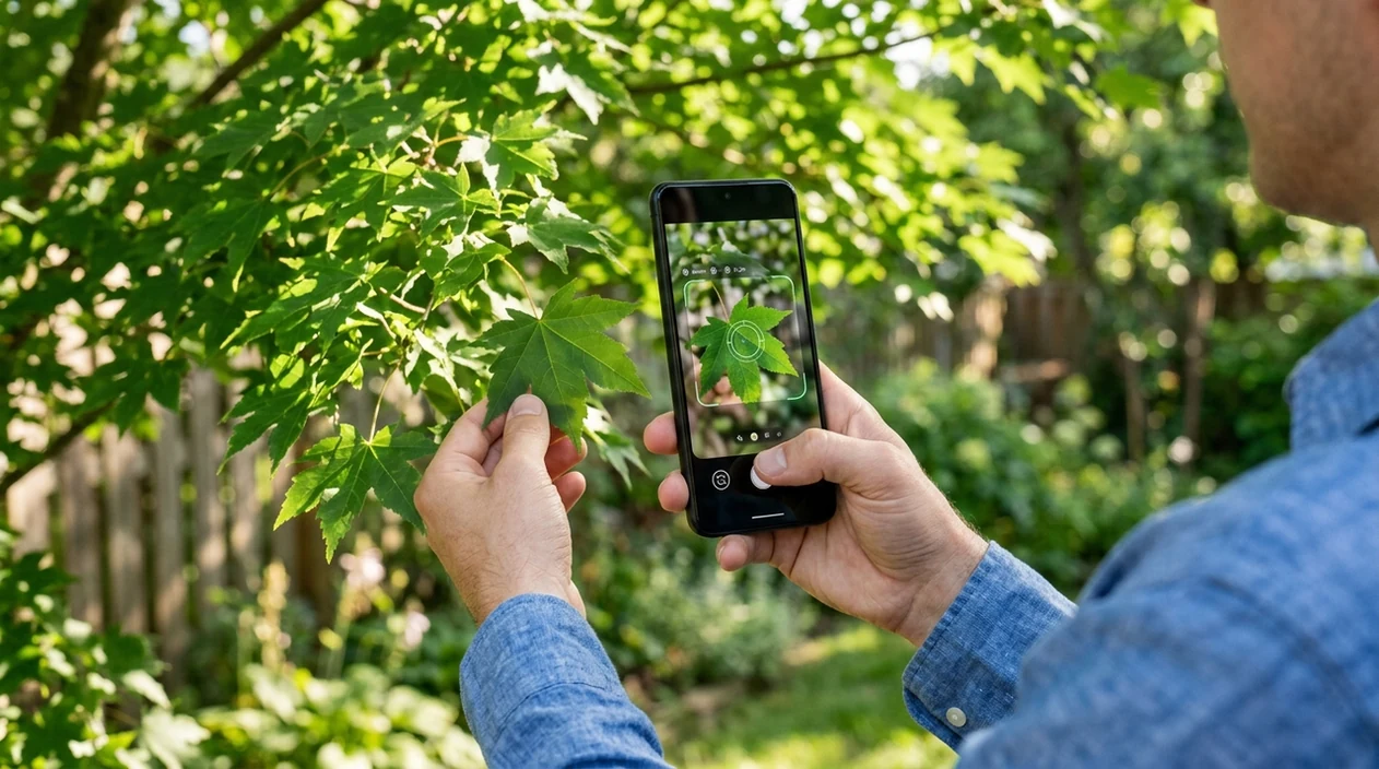 Free tree identifier app scanning a maple leaf outdoors
