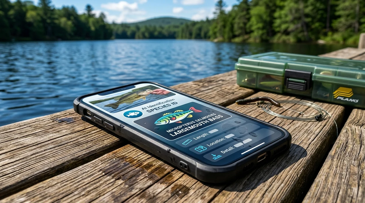 Phone showing AI fish scan result on a dock