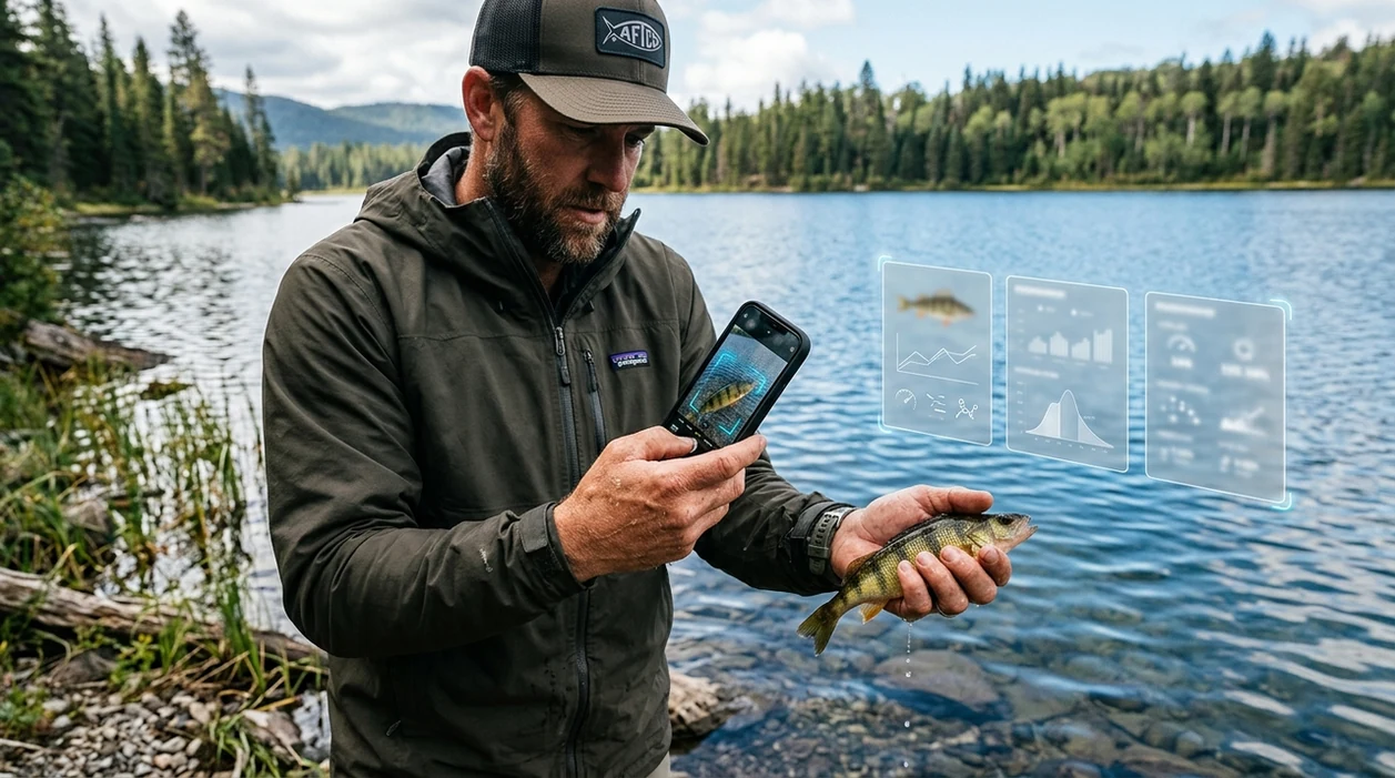 Freshwater fish identifier scanning a catch beside a lake