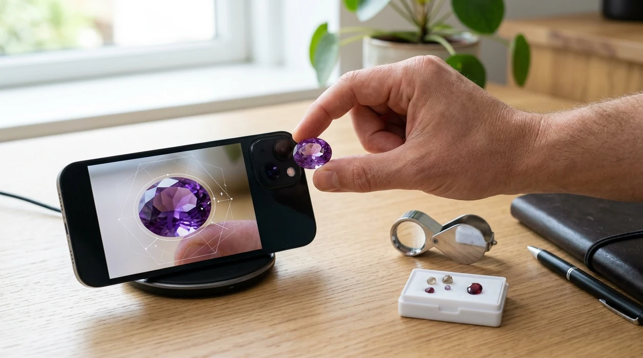 Gemstone identifier scanning a purple stone with a phone camera