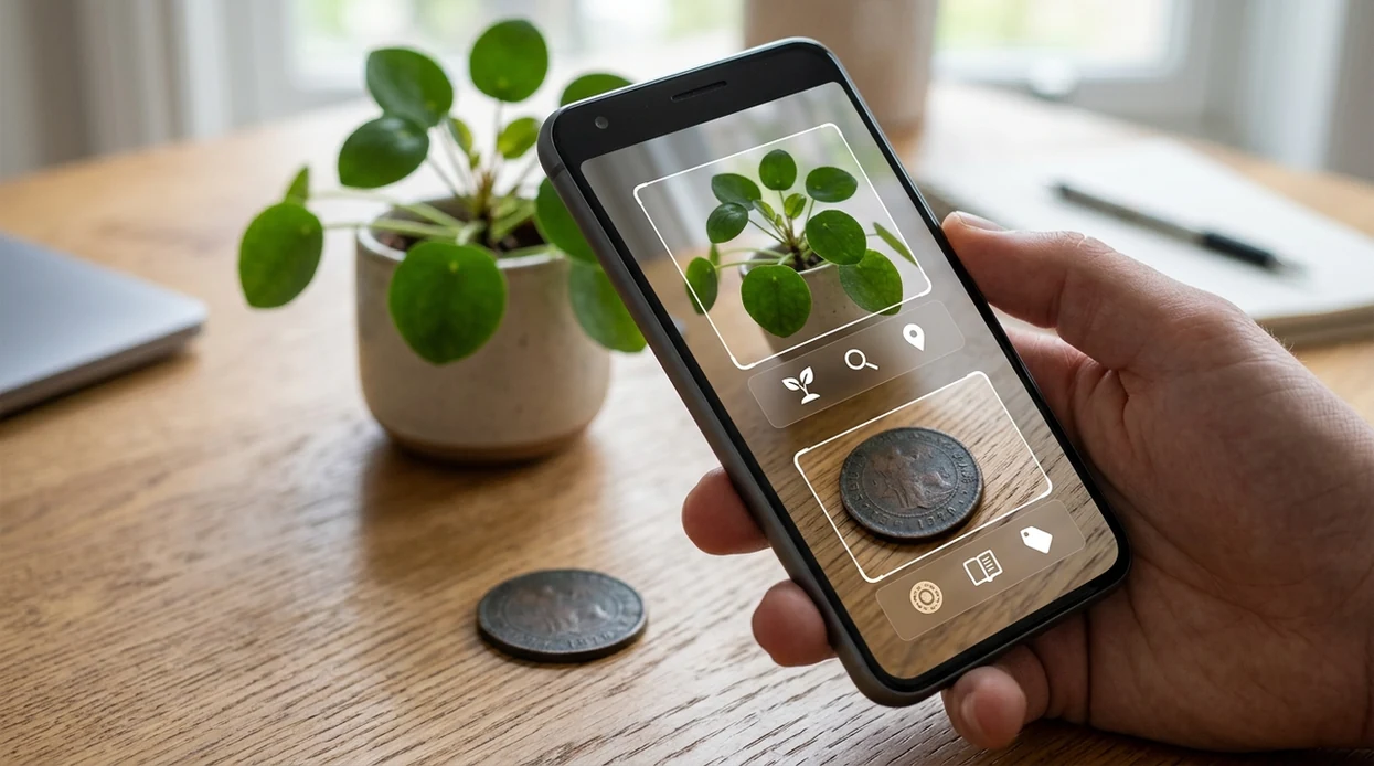 iPhone visual search app identifying a flower and vintage coin