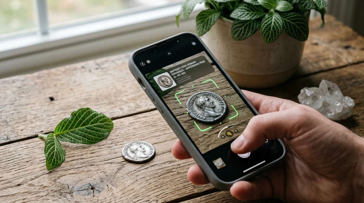 iPhone scanning a coin, leaf, and rock for identification