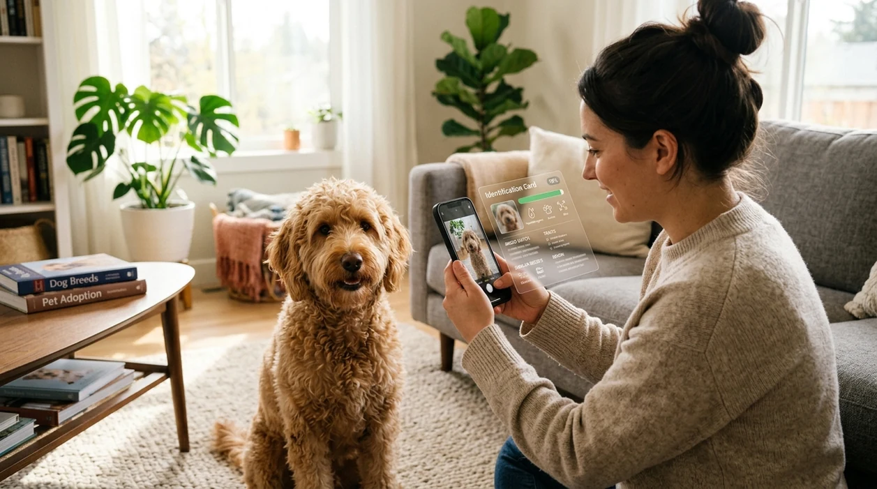 Hypoallergenic dog breed finder scanning a curly-coated dog at home