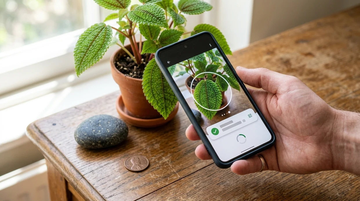 Smartphone photo identifier scanning a plant, coin, and rock