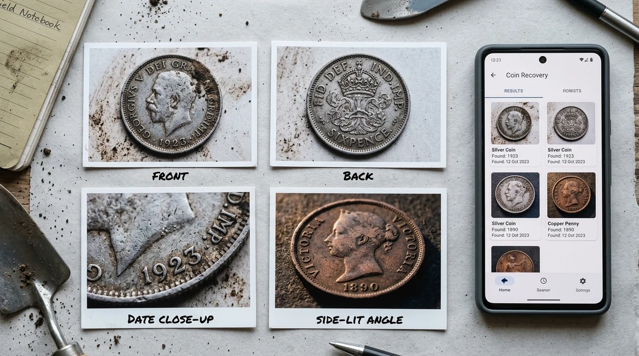 four photo angles used to scan a worn old coin
