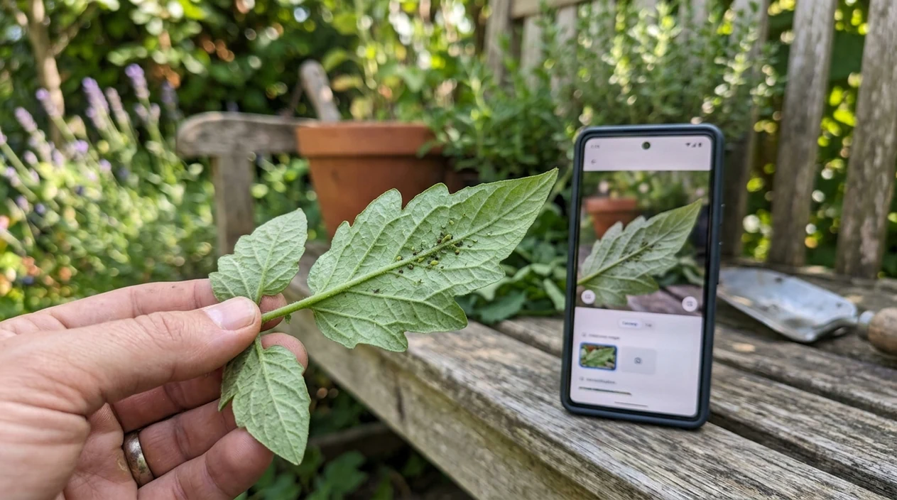 Phone scanning a garden insect on a damaged leaf