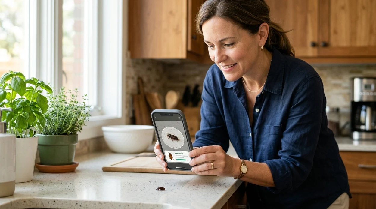 Homeowner using an insect identifier for pest control in a kitchen