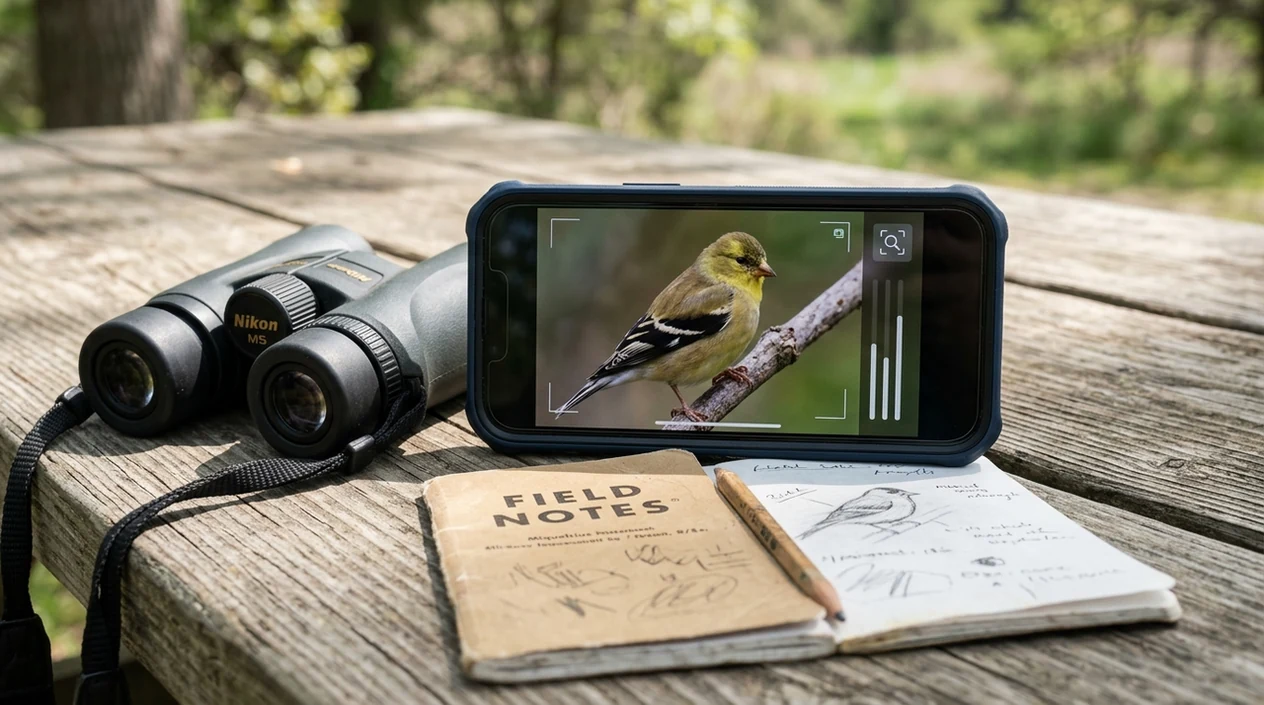 mobile bird photo identification result beside binoculars outdoors