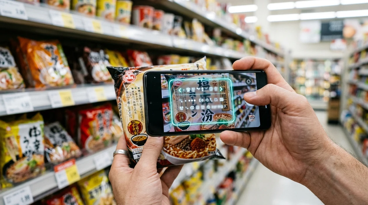 Phone scanner translating a product label in a grocery store