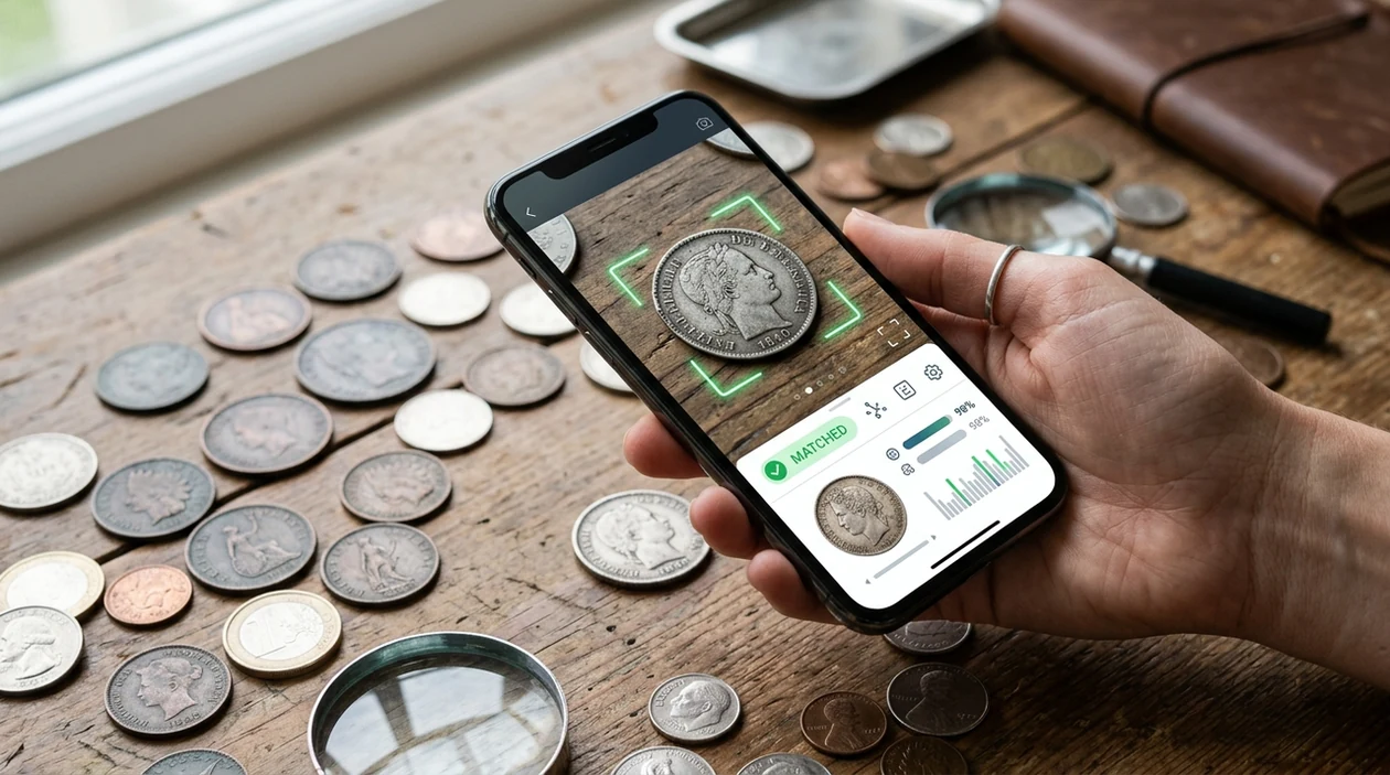 Phone checking is coin identifier accurate with coins on a desk