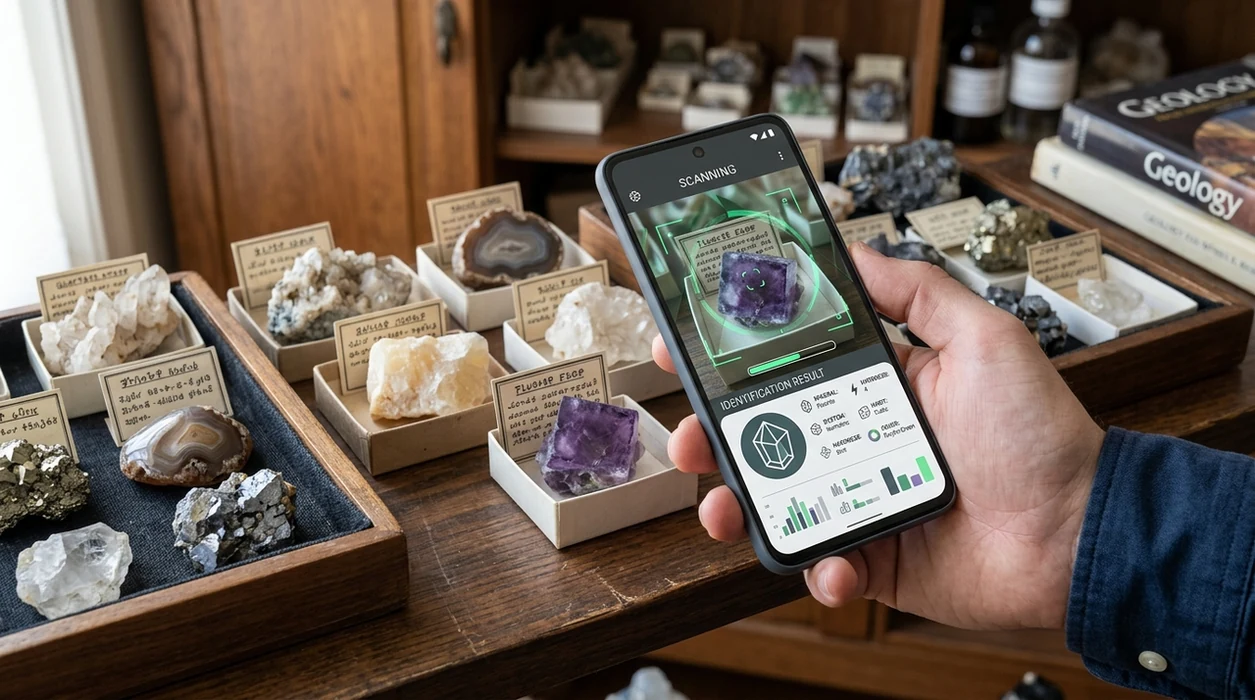 Crystal scanner comparing quartz and fluorite from a phone photo