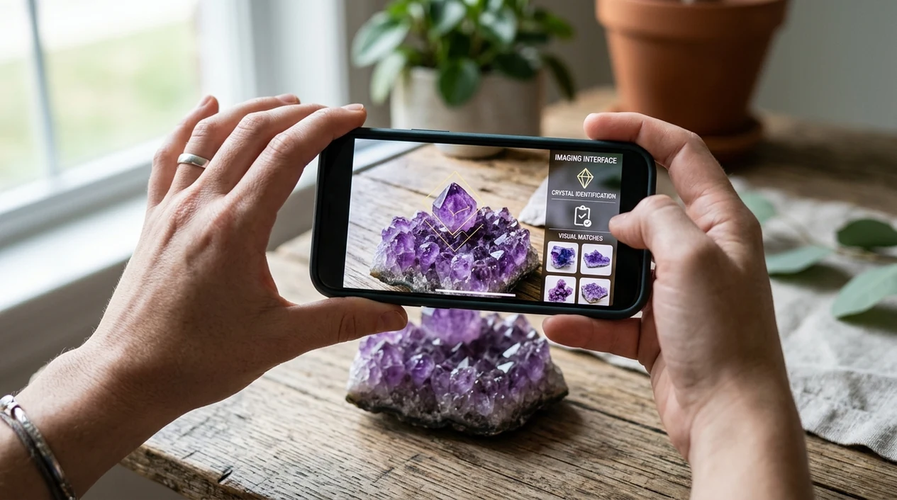 Phone scan showing is crystal identifier real for an amethyst cluster