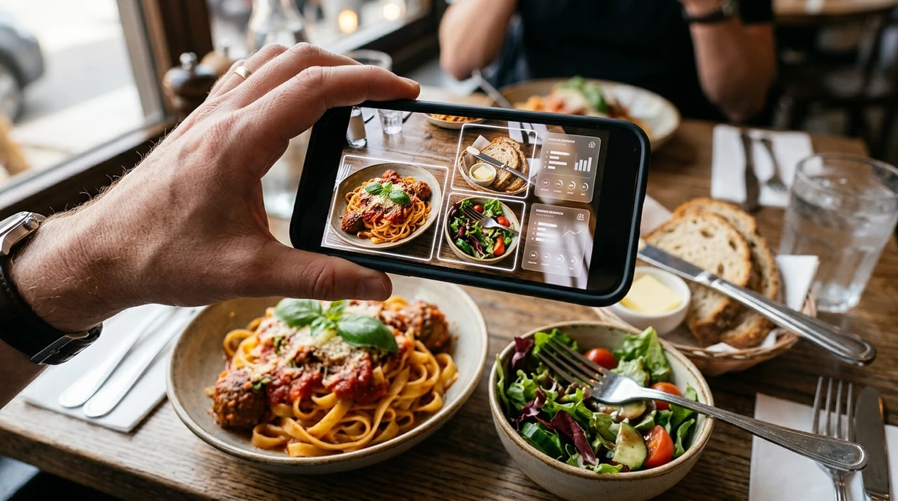 Restaurant meal scanned for calorie estimate on a phone
