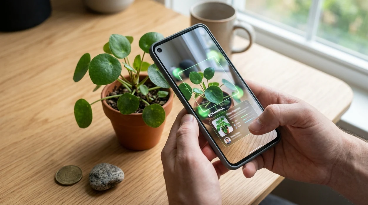phone scanning plant coin and rock with visual identifier