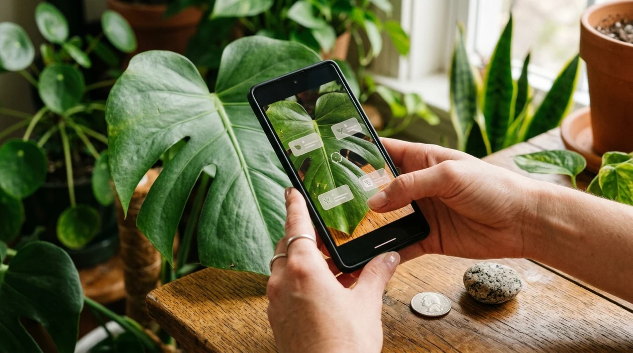 Free mobile scanner identifying a plant leaf and coin