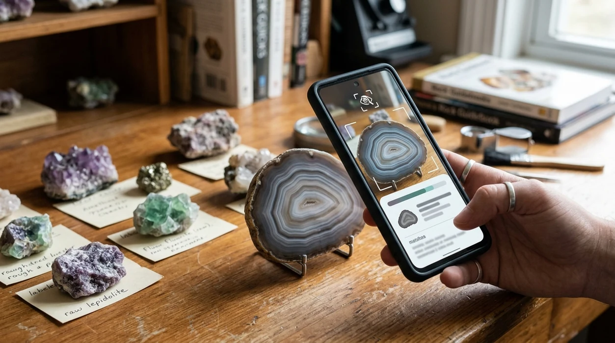 Mobile scanner comparing a banded crystal sample from a photo