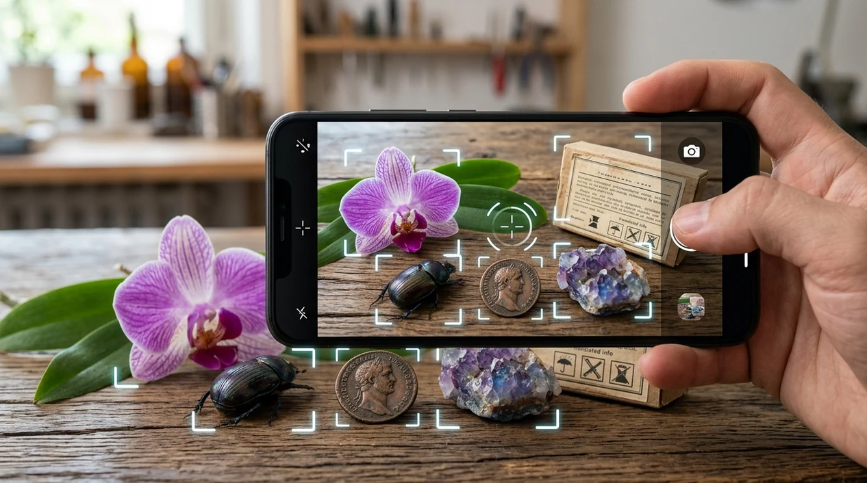 mobile visual identifier scanning plants coins rocks and food