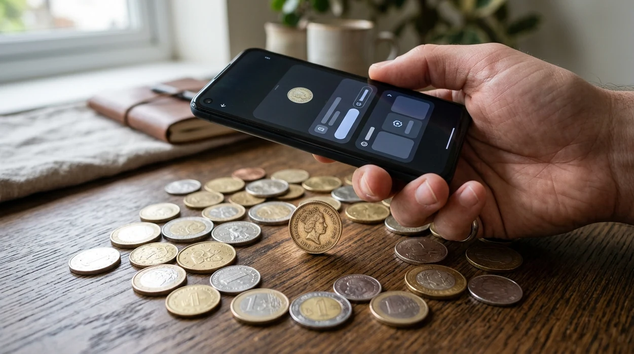 Phone scanning old coins with an AI coin identifier result